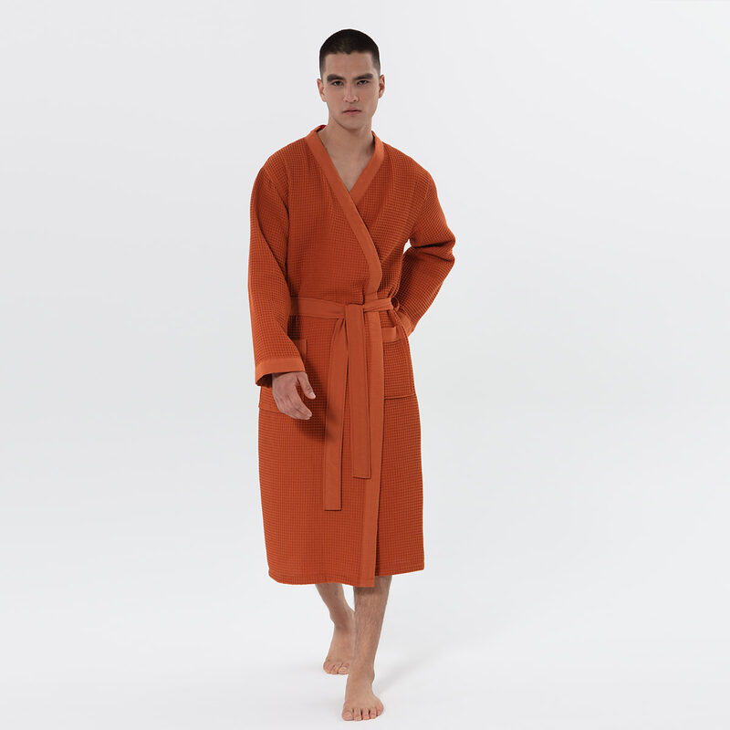 Men's Terra Cotta Lightweight Kimono Waffle Spa Robe
