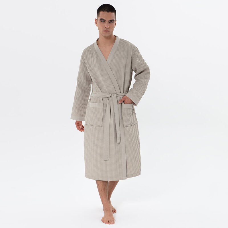 Men’s Stone Beige Lightweight Kimono Waffle Spa Robe