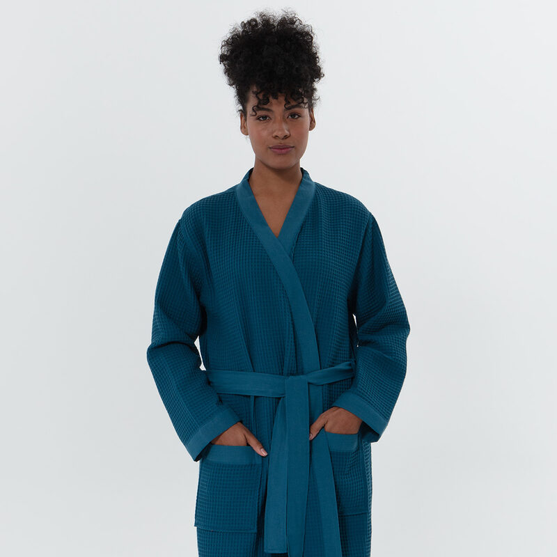 Women’s Deep Aqua Blue Lightweight Kimono Waffle Spa Robe