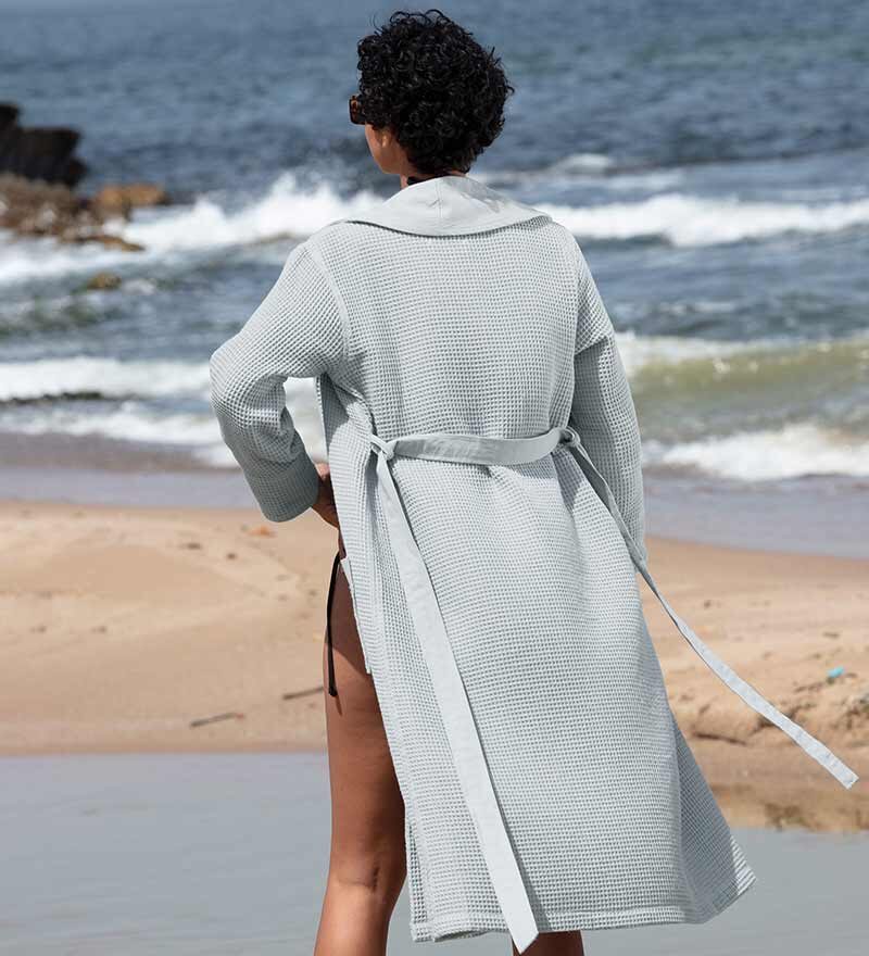 Women’s Blue Gray Lightweight Waffle Spa Robe with Shawl Collar