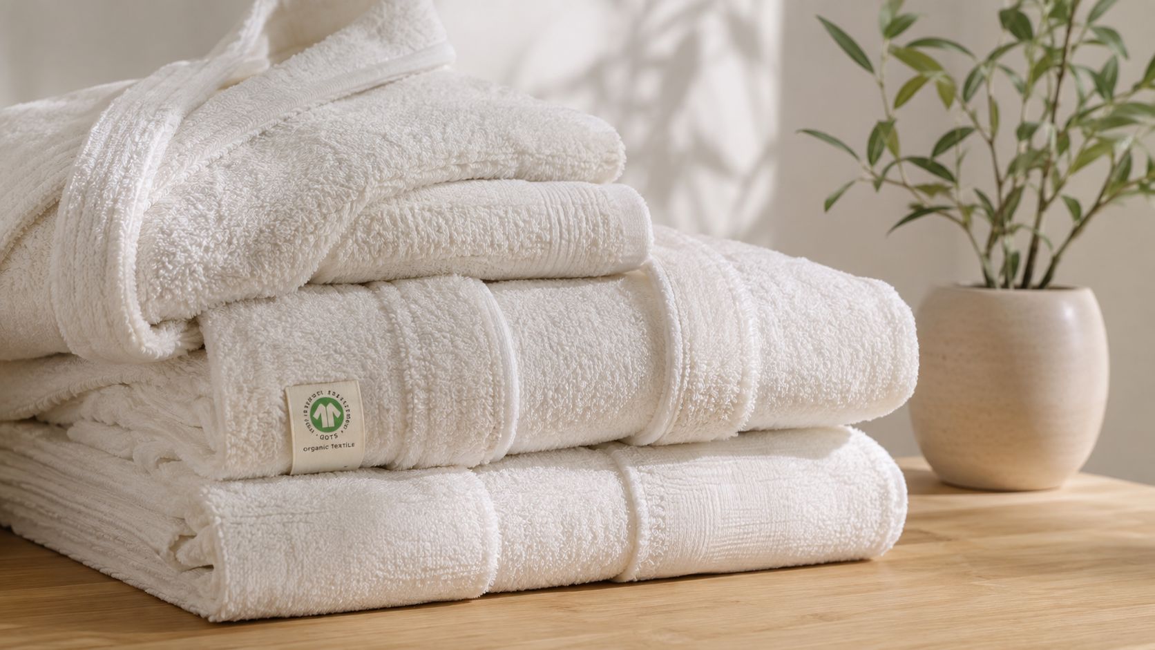 A stack of folded white organic cotton bathrobes sitting on a wooden table with a small plant.