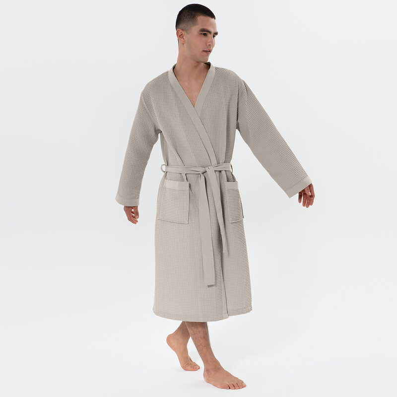 Men’s Stone Beige Lightweight Kimono Waffle Spa Robe
