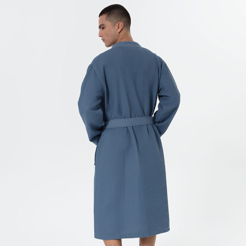 Men’s Indigo Blue Lightweight Kimono Waffle Spa Robe
