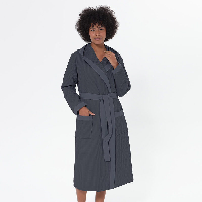 Women’s Charcoal Turkish Cotton Waffle Hooded Robe
