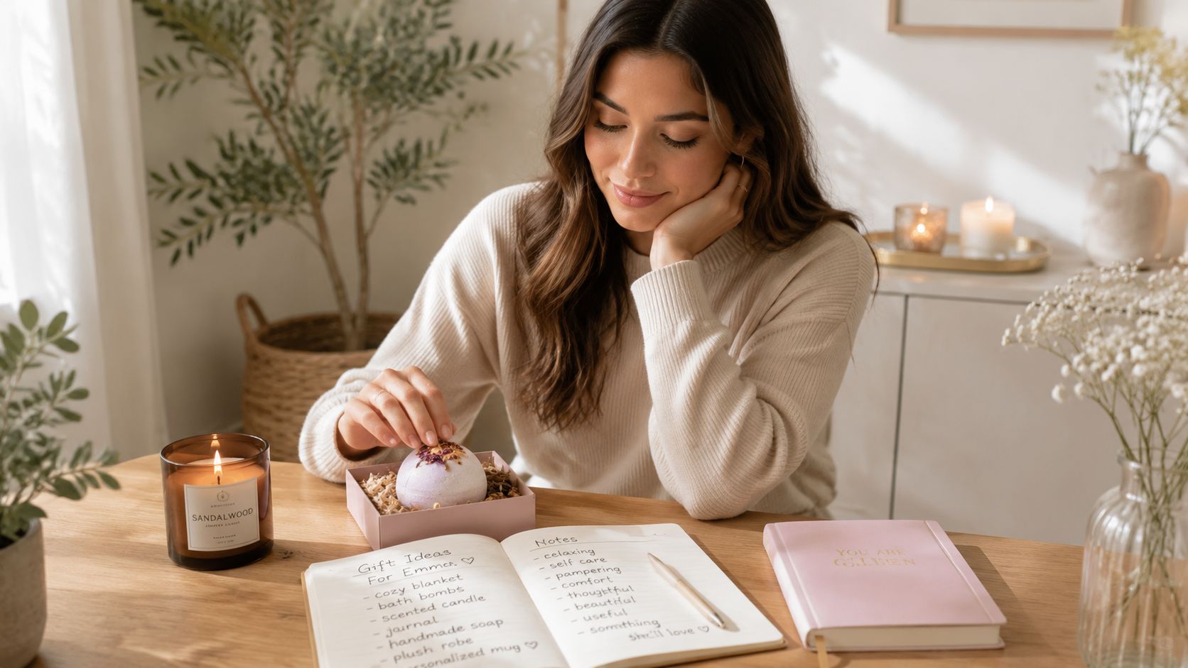 A woman smiles while planning a self care gift set for a friend at a wooden table.