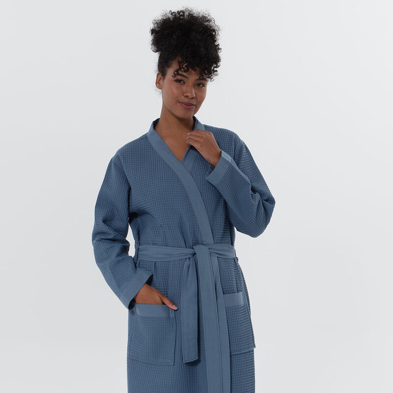 Women’s Indigo Blue Lightweight Kimono Waffle Spa Robe