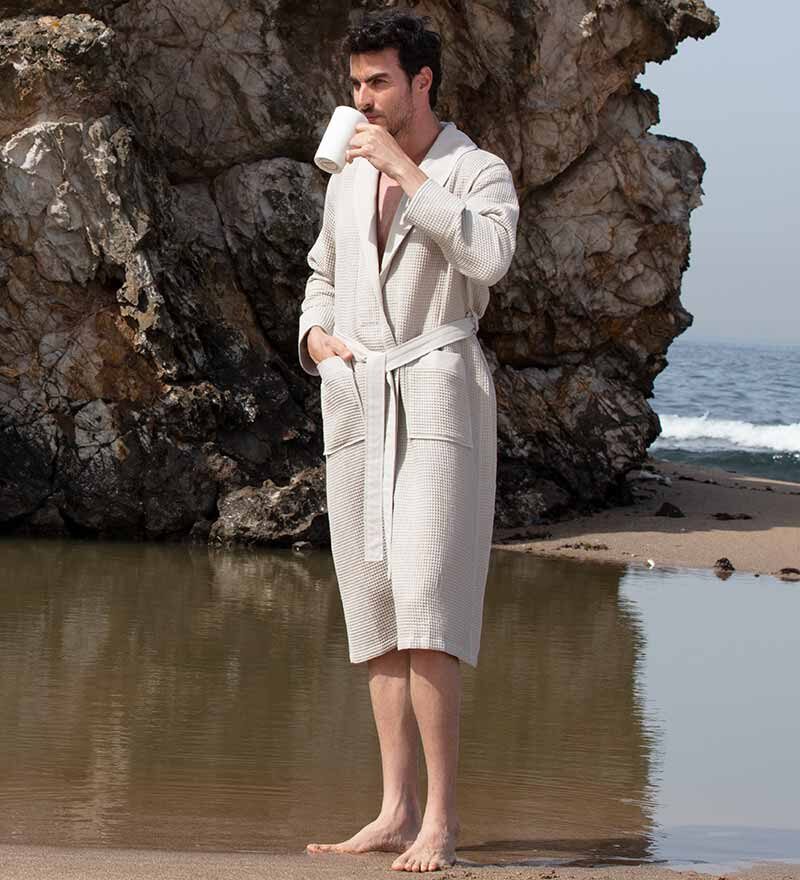 Men’s Beige Lightweight Waffle Spa Robe with Shawl Collar