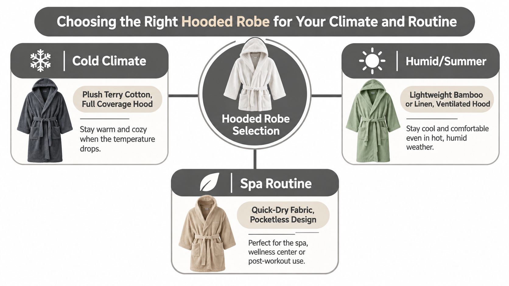 An infographic guiding users on how to select the ideal hooded bathrobe based on climate and routine.