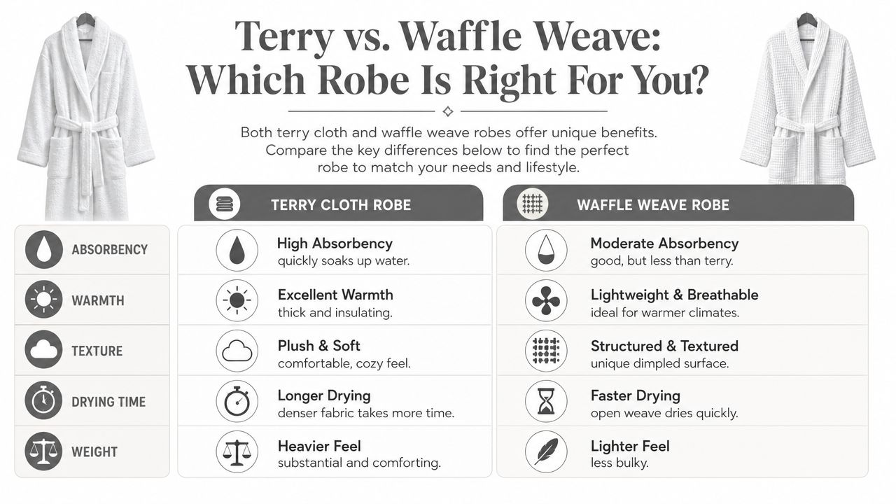 A comparison chart showing the differences between terry cloth robes and waffle weave robes regarding various features.