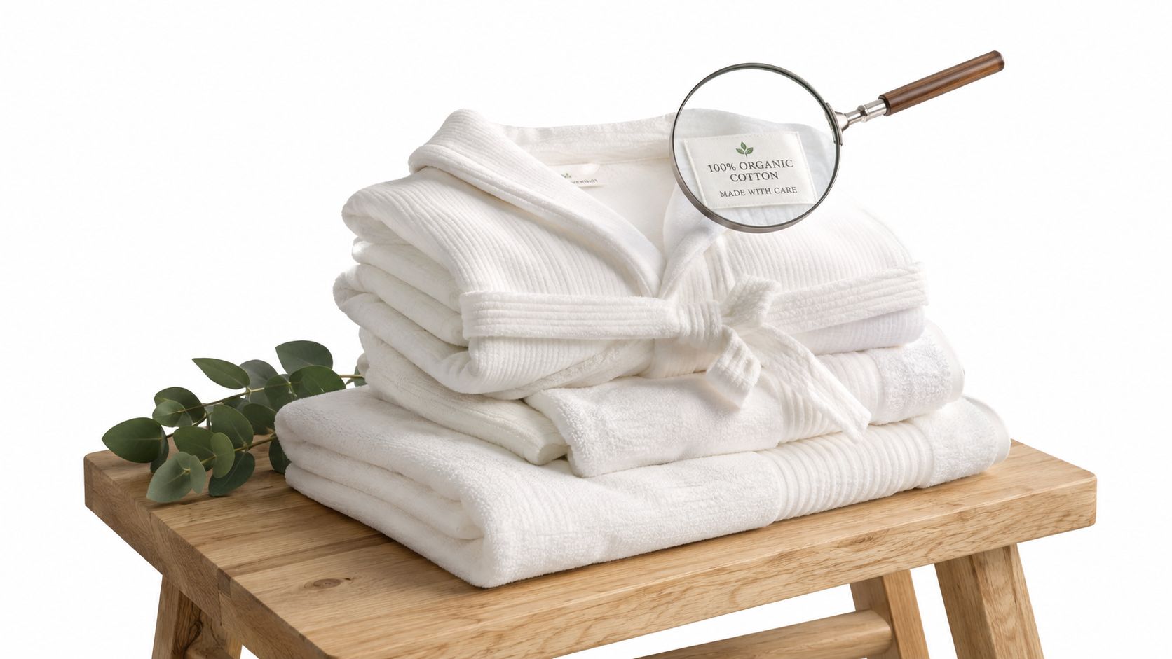A luxurious white organic cotton bathrobe folded on a wooden stool with an eucalyptus branch nearby.