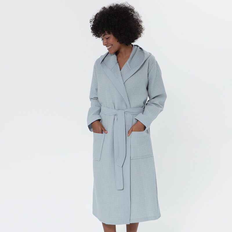 Women’s Blue Gray Turkish Cotton Waffle Hooded Robe