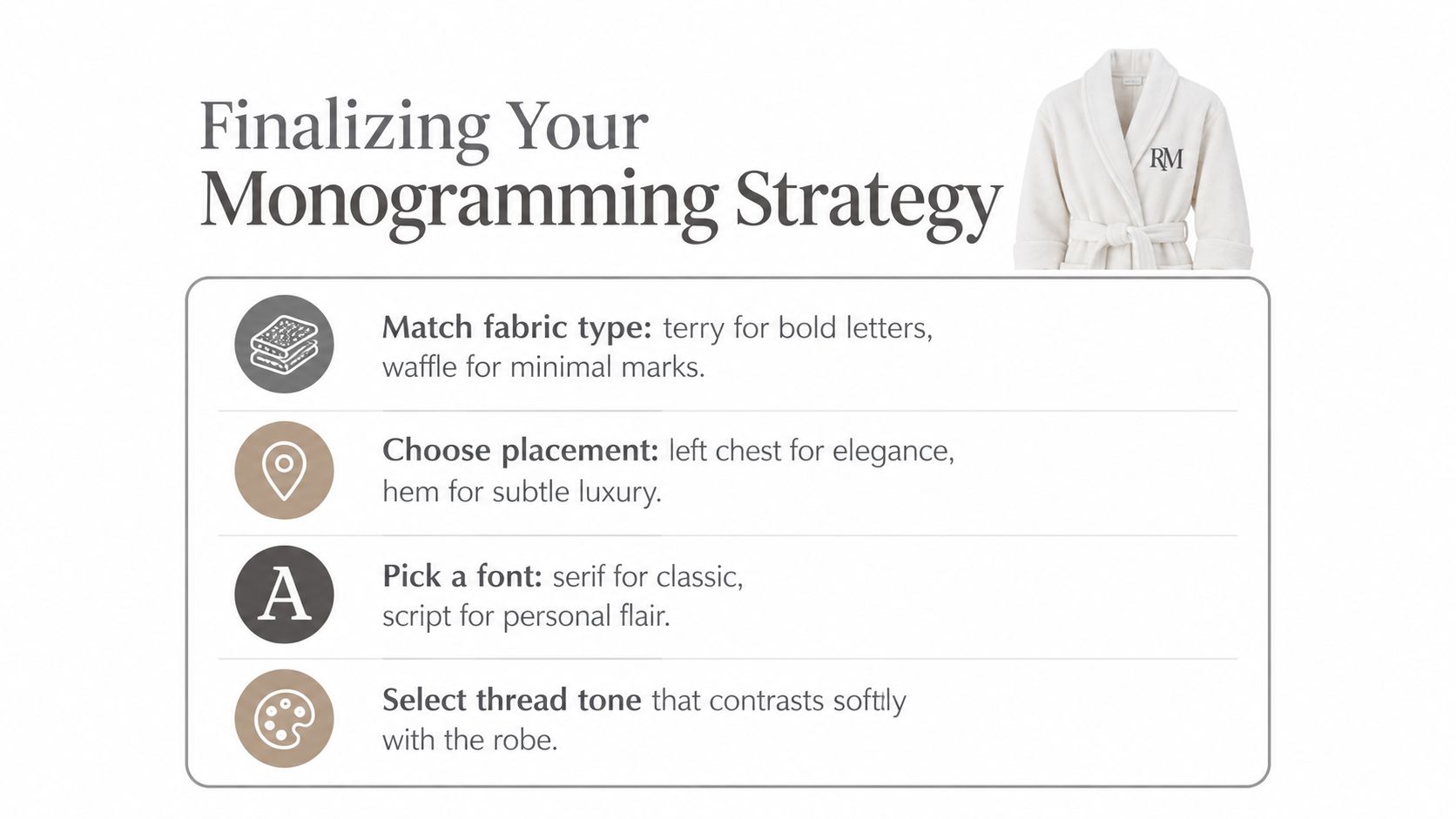 A helpful infographic showing four tips for choosing the perfect embroidery style for your personalized luxury bathrobe.