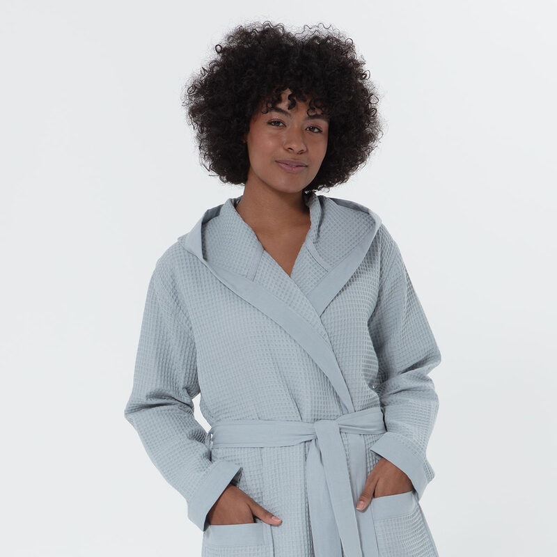 Women’s Blue Gray Turkish Cotton Waffle Hooded Robe