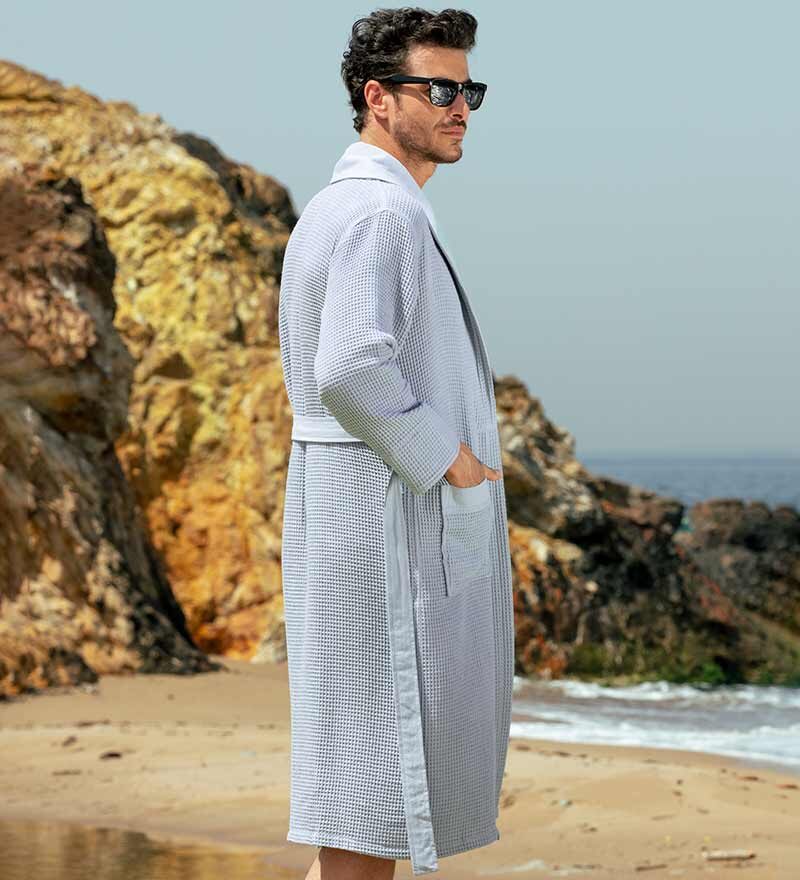 Men's Blue Gray Lightweight Waffle Spa Robe with Shawl Collar