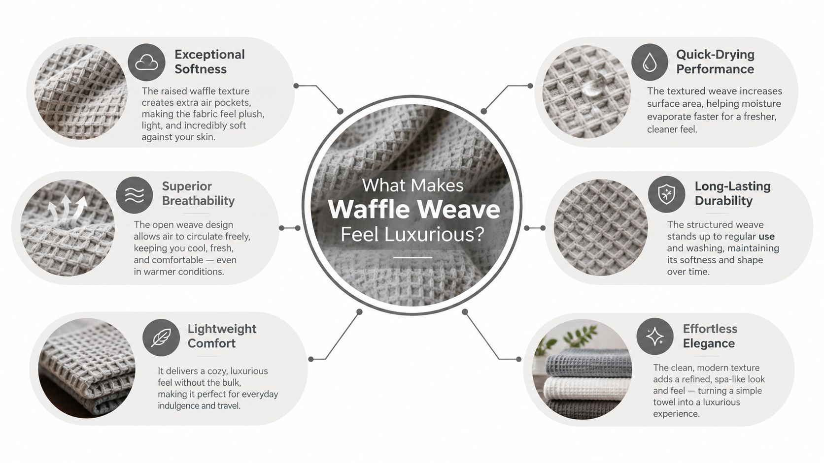 A diagram illustrating the luxury benefits of waffle weave fabric including softness, durability, and breathability features.