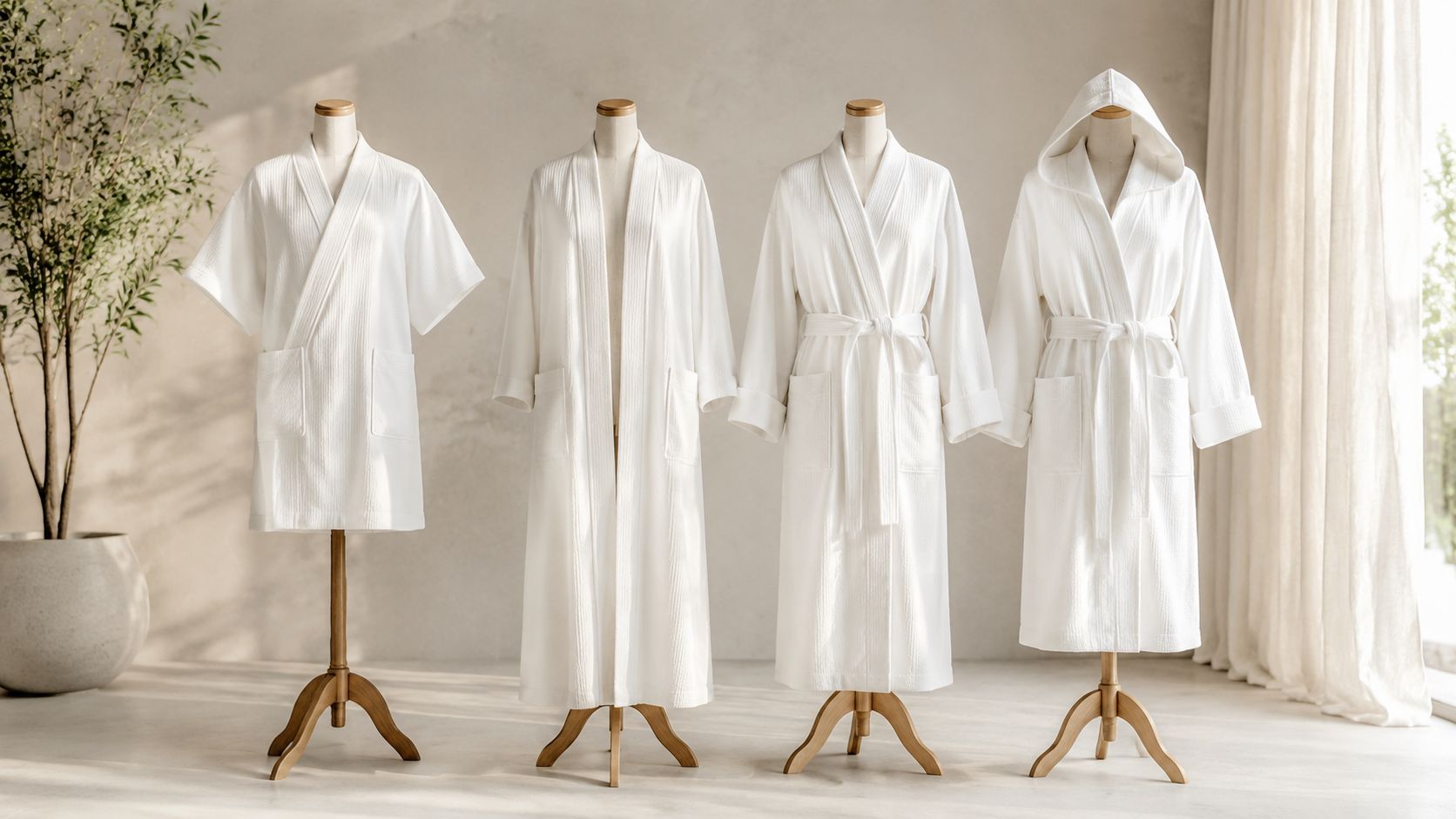 Four white cotton bathrobes displayed on wooden mannequins against a minimalist beige background.