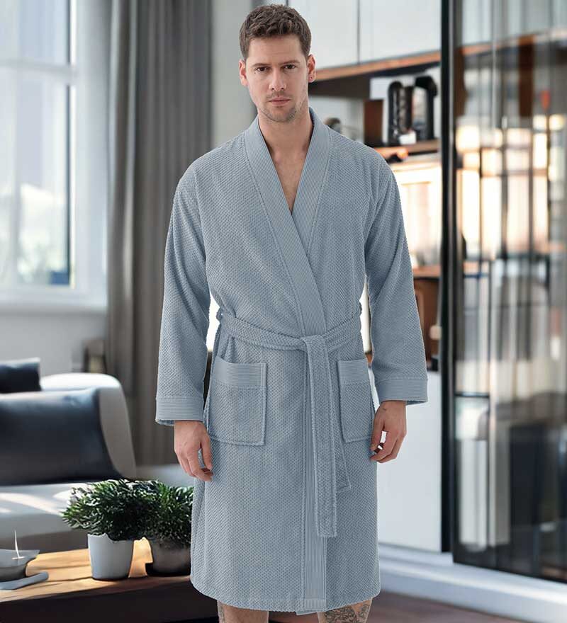 Men's Blue Gray Organic Turkish Terry Cloth Kimono Bathrobe