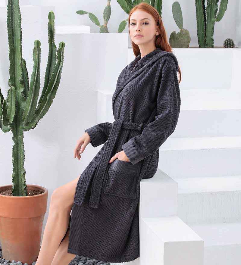 Women’s Charcoal Turkish Cotton Terry Hooded Robe