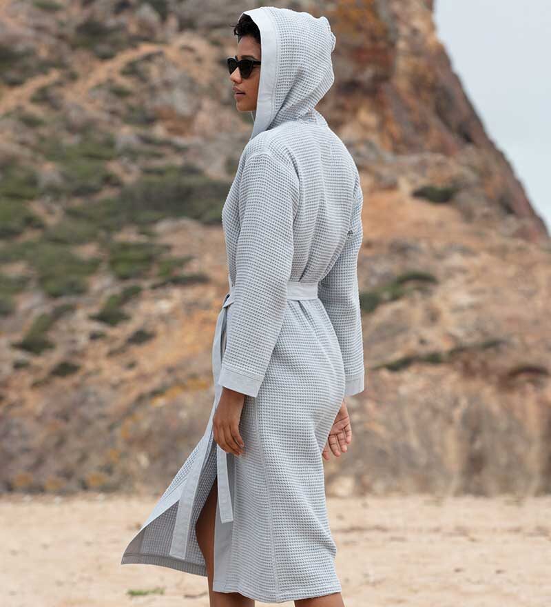 Women’s Blue Gray Turkish Cotton Waffle Hooded Robe - Clearance Sale