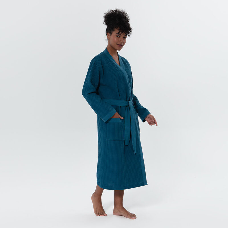 Women’s Deep Aqua Blue Lightweight Kimono Waffle Spa Robe