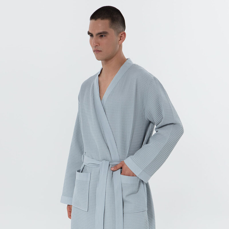 Men's Blue Gray Lightweight Kimono Waffle Spa Robe