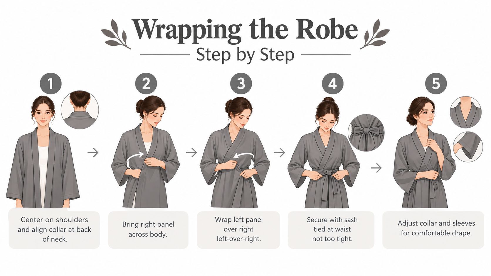 An illustrated five-step guide on how to properly wrap and tie a gray kimono-style robe.