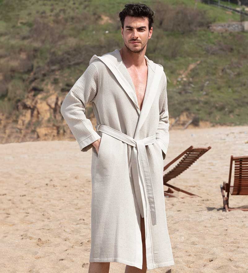 Men's Beige Hooded Turkish Cotton Waffle Robe