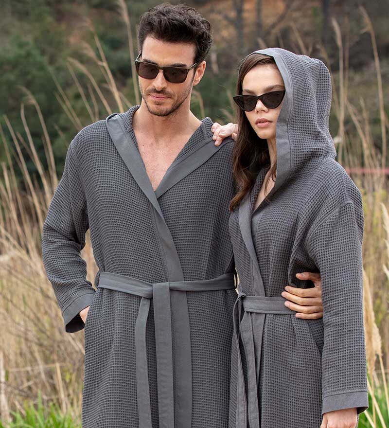 Men's Charcoal Hooded Turkish Cotton Waffle Robe - Clearance Sale
