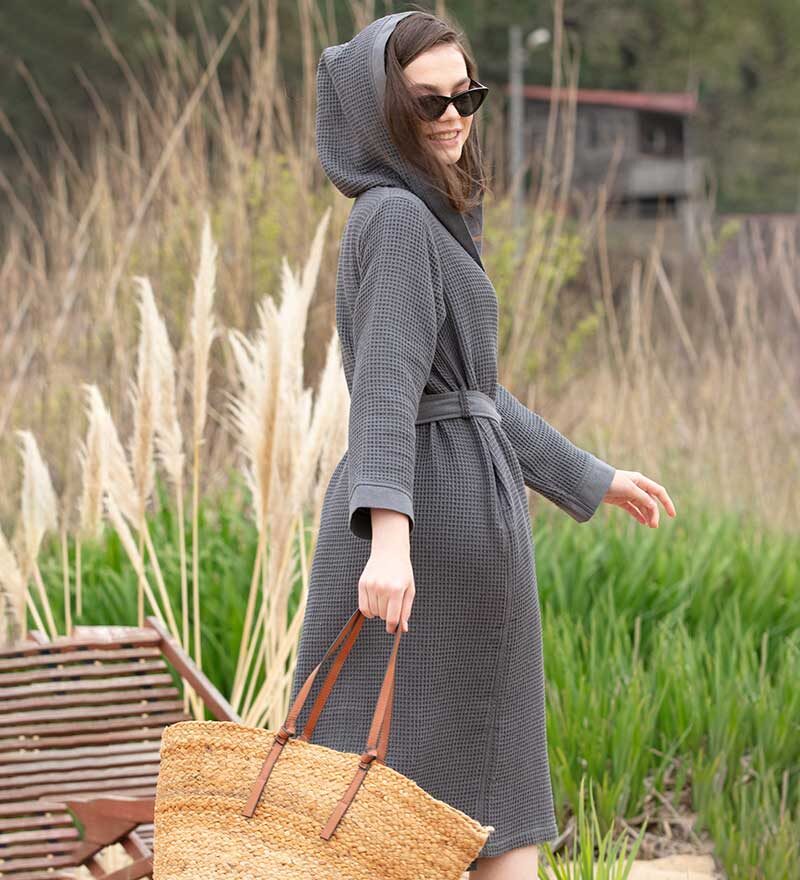 Women’s Charcoal Turkish Cotton Waffle Hooded Robe - Clearance Sale