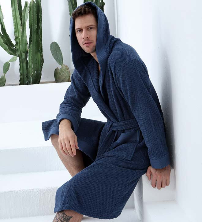 Men's Navy Luxury Turkish Cotton Terry Cloth Robe with Hood