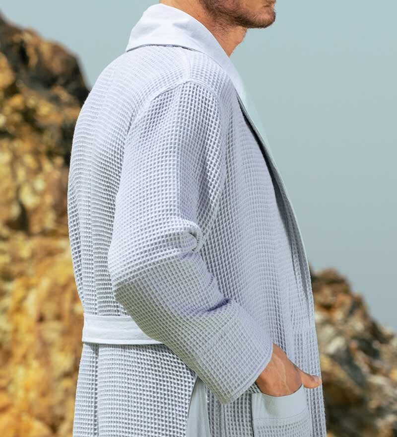 Men's Blue Gray Lightweight Waffle Spa Robe with Shawl Collar