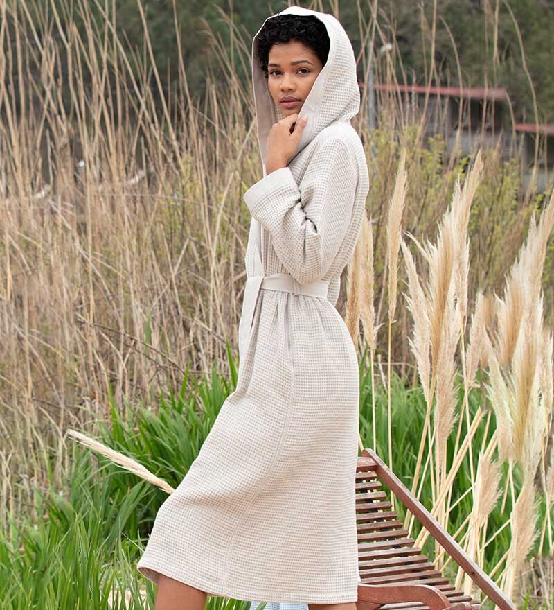 Women’s Beige Turkish Cotton Waffle Hooded Robe