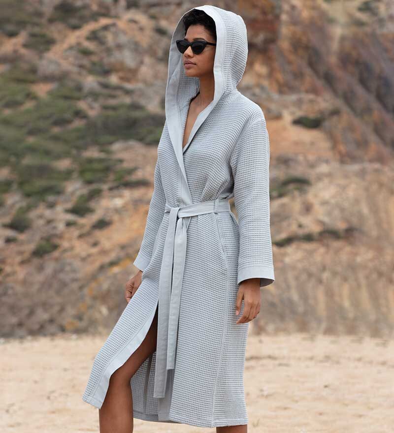 Women’s Blue Gray Turkish Cotton Waffle Hooded Robe - Clearance Sale