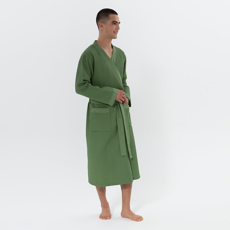 Men’s Green Lightweight Kimono Waffle Spa Robe