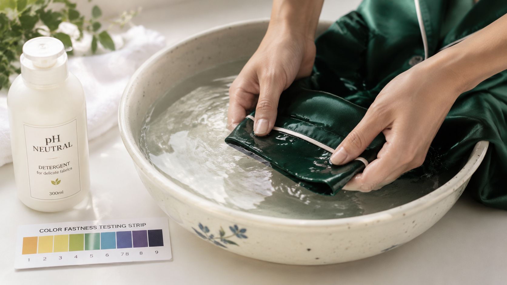A pair of hands gently hand-washing a green silk robe in a ceramic bowl of water.
