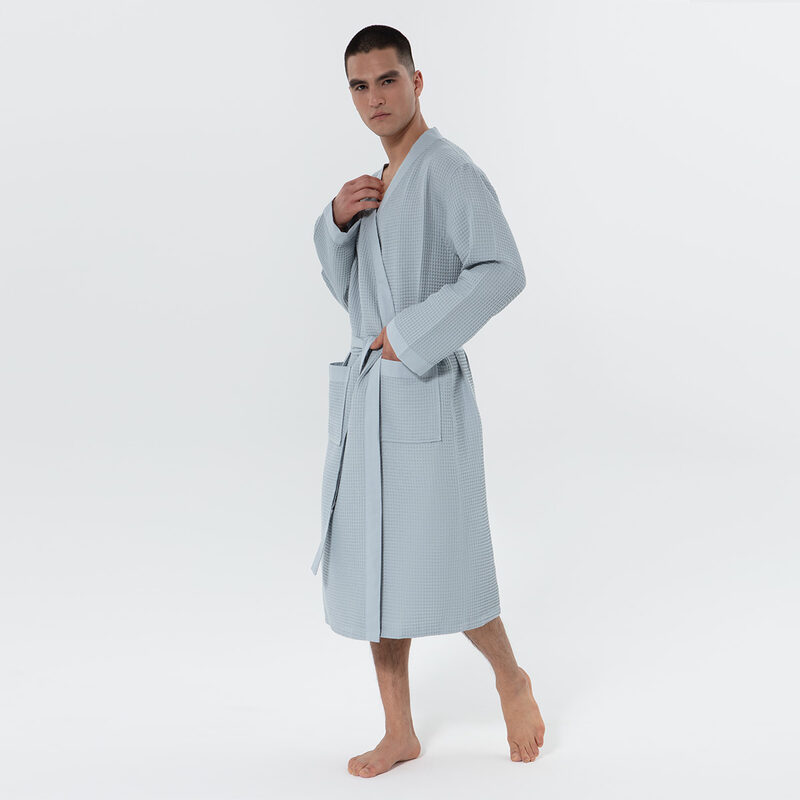 Men's Blue Gray Lightweight Kimono Waffle Spa Robe
