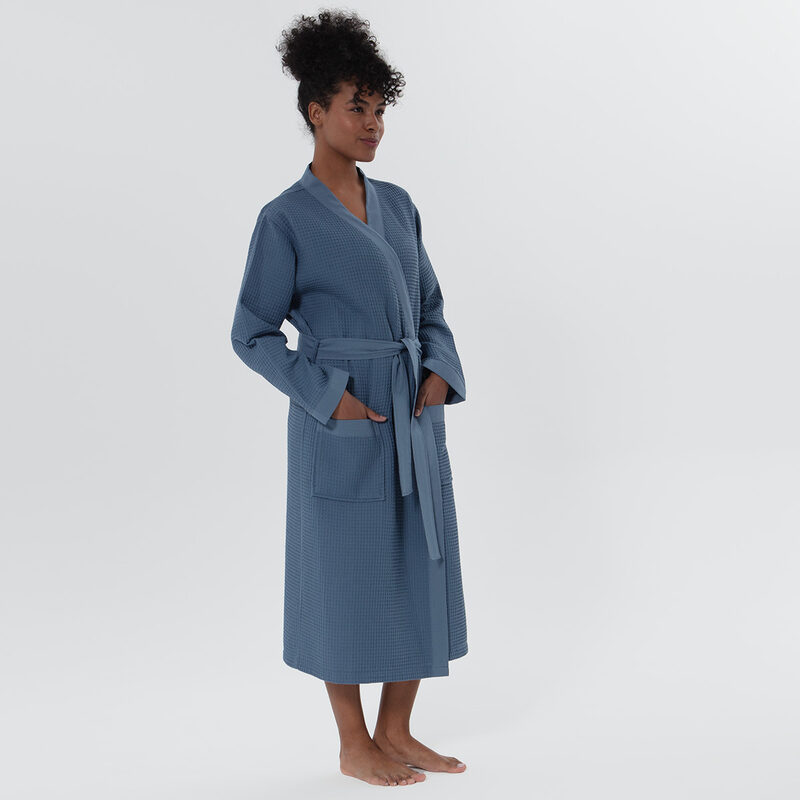 Women’s Indigo Blue Lightweight Kimono Waffle Spa Robe
