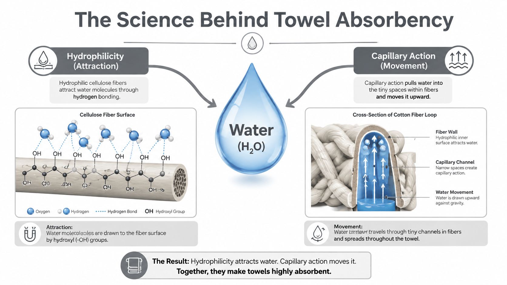 A diagram explaining the science of towel absorbency through hydrophilicity, hydrogen bonding, and capillary action of fibers.