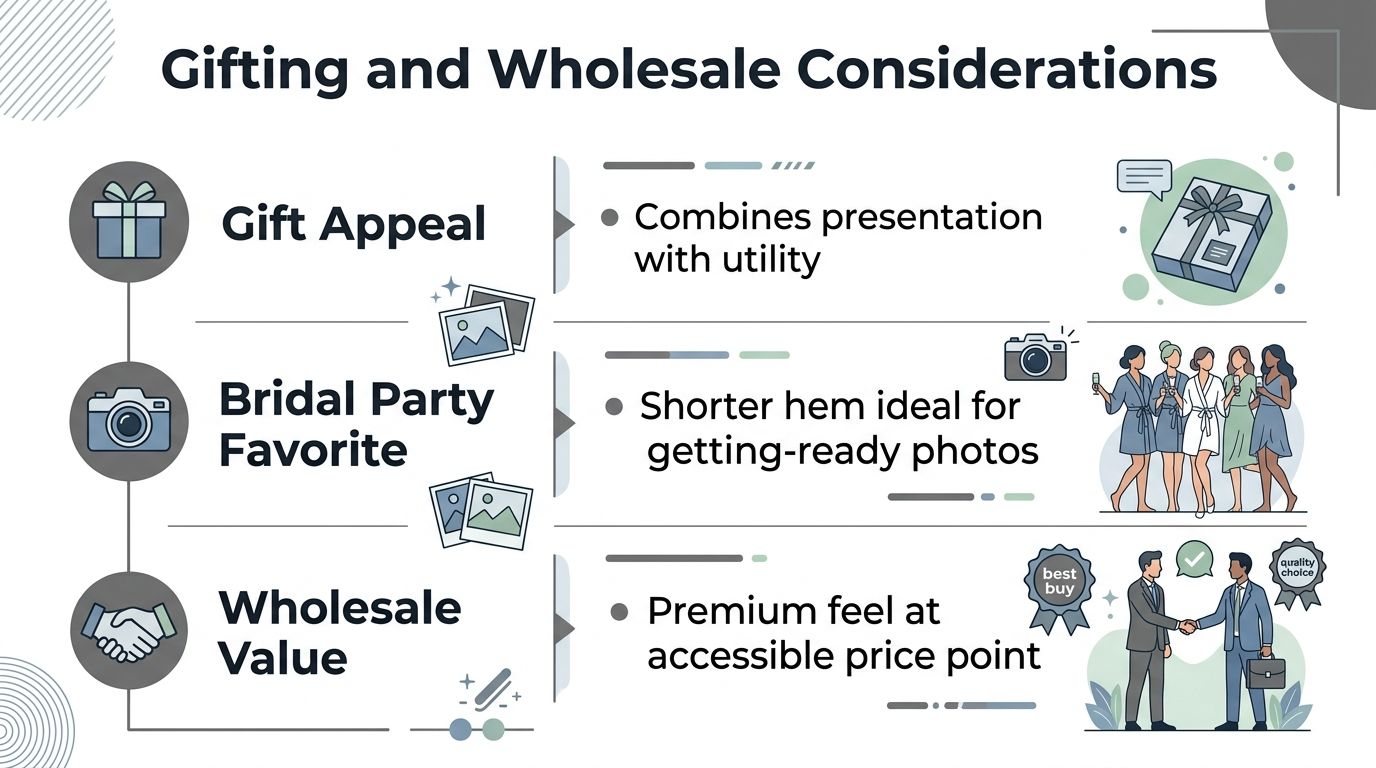 An infographic titled Gifting and Wholesale Considerations highlighting benefits like gift appeal, bridal party photos, and wholesale value.