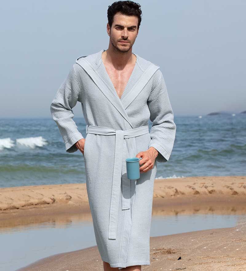 Men's Blue Gray Hooded Turkish Cotton Waffle Robe - Clearance Sale