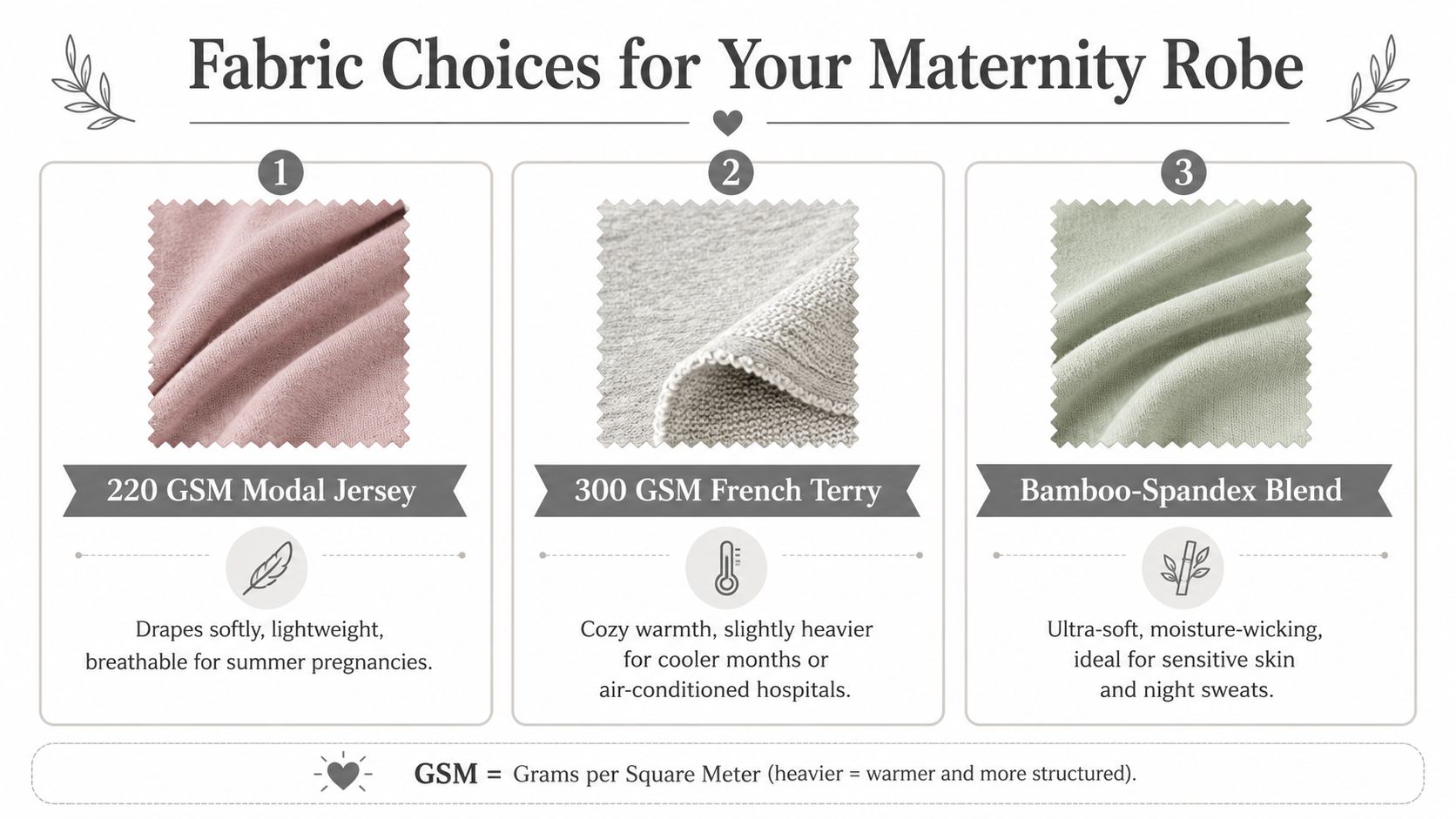 A comparison chart showing three fabric options for maternity robes including Modal Jersey, French Terry, and Bamboo-Spandex.