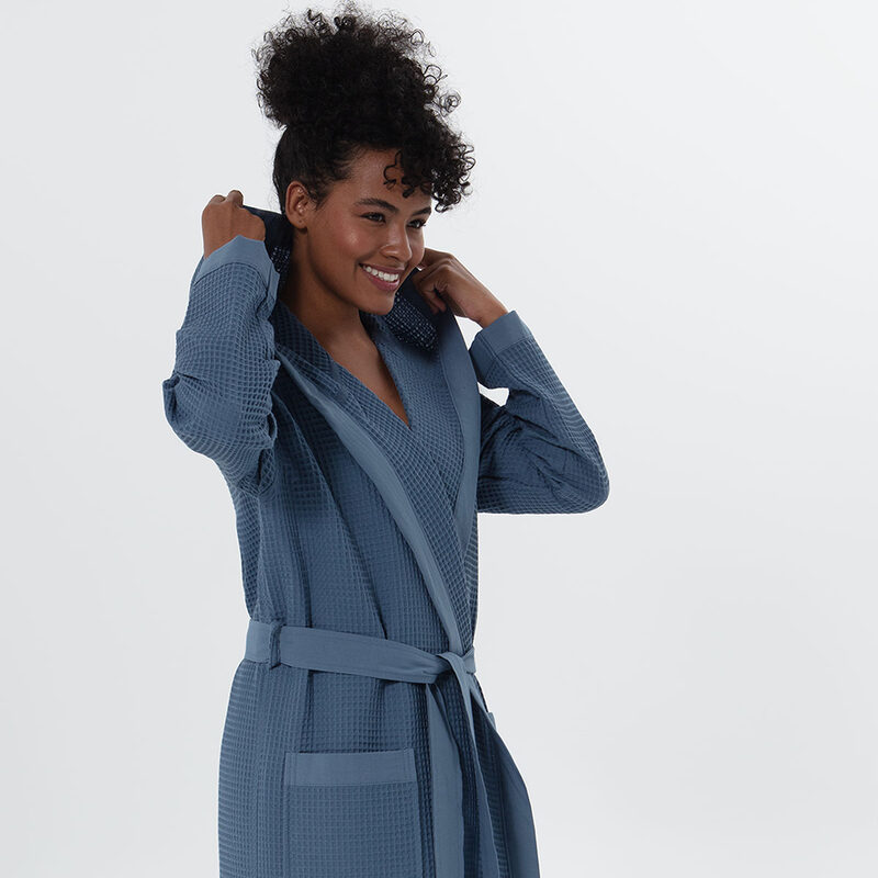 Women’s Indigo Blue Turkish Cotton Waffle Hooded Robe