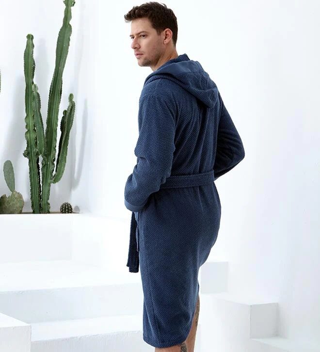 Men's Navy Luxury Turkish Cotton Terry Cloth Robe with Hood