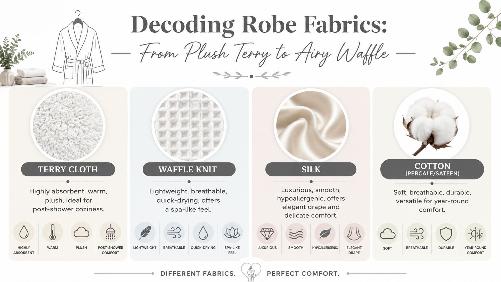 A descriptive infographic comparing different bathrobe fabrics including Terry Cloth, Waffle Knit, Silk, and Cotton features.