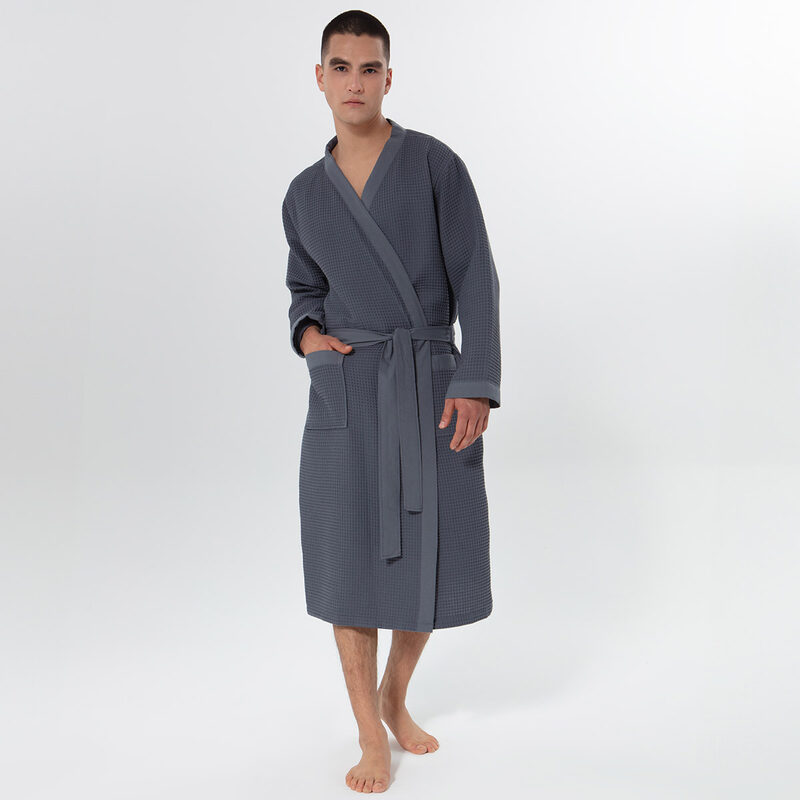 Men’s Charcoal Lightweight Kimono Waffle Spa Robe