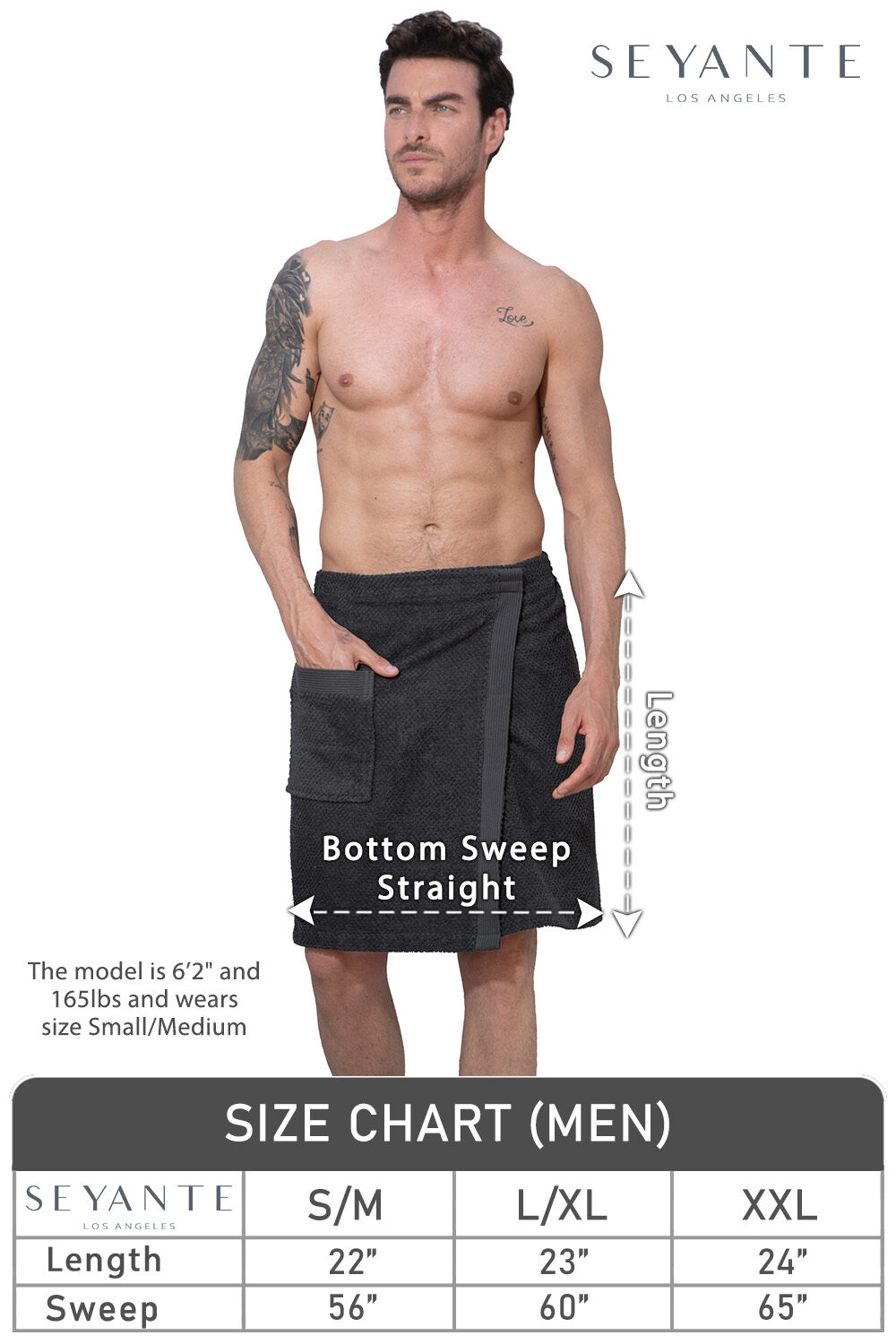 The model is 6'2" and 165 lbs. and wears size Small/Medium