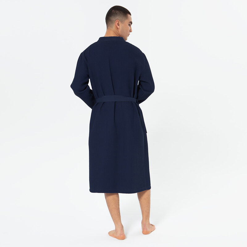 Men's Navy Lightweight Kimono Waffle Spa Robe