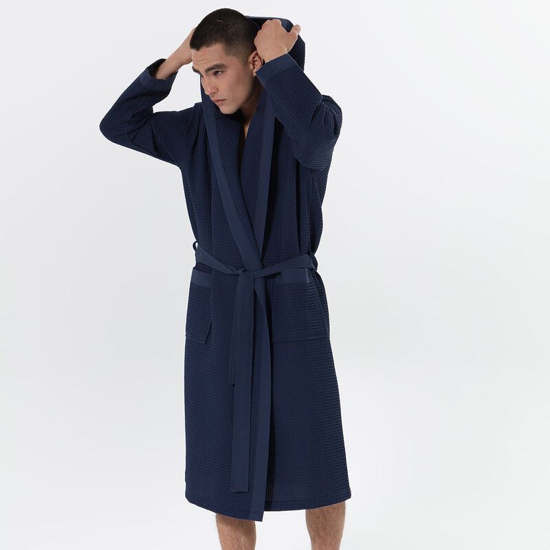 Men's Navy Hooded Turkish Cotton Waffle Robe