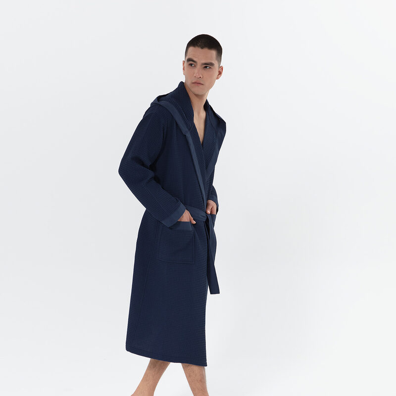 Men's Navy Hooded Turkish Cotton Waffle Robe